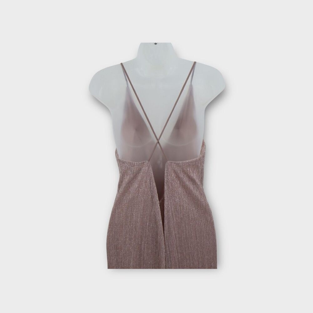 Express Dress Formal Slip Shimmer Strappy Plunging V Double Slit Midi beige M P - Picture 5 of 10